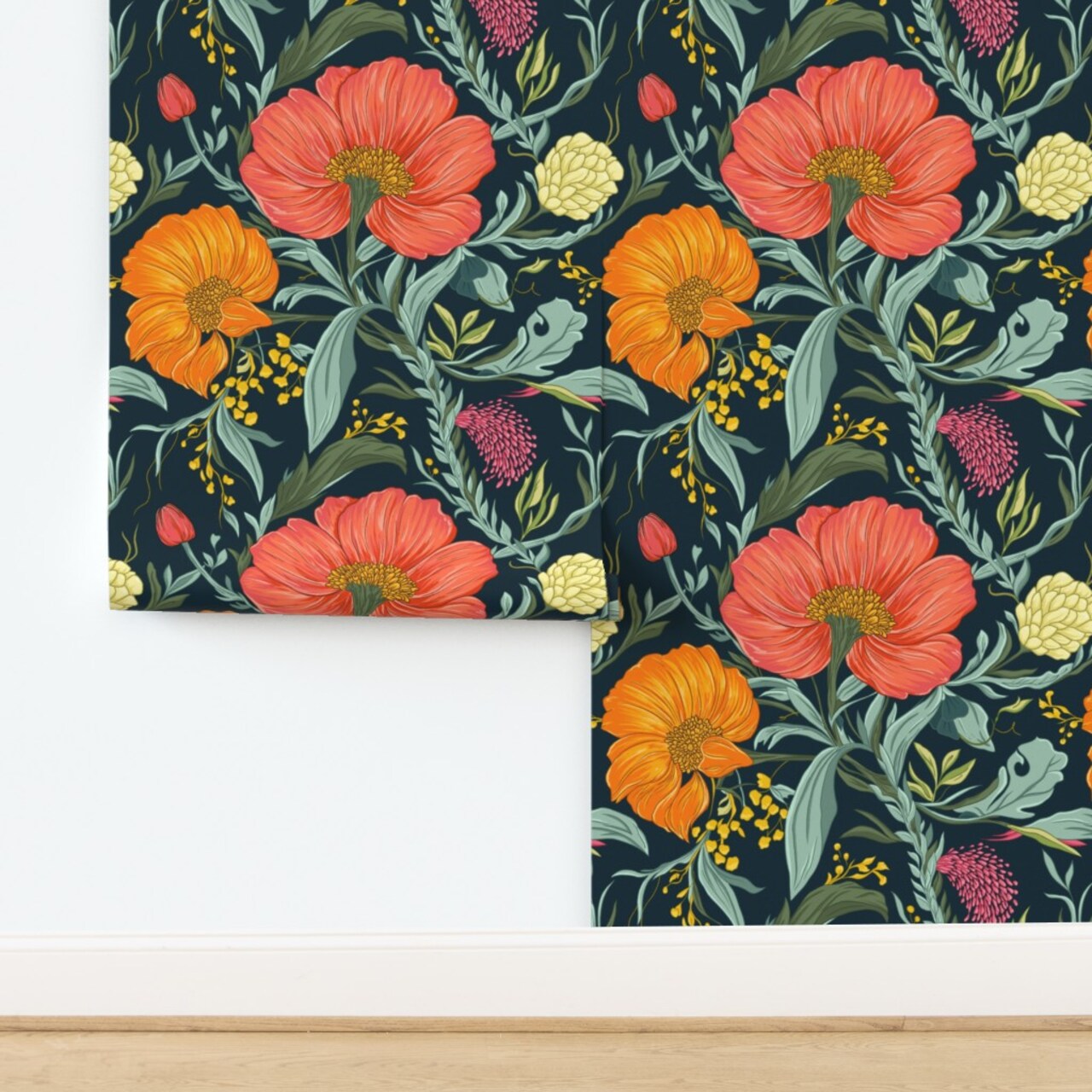 Whimsical Floral Bold Hand Drawn Botanical Garden Modern Florals Tropical Hibiscus Party Spring Summer Statement Orange Pink Green Custom Removable Wallpaper by Spoonflower Peel & Stick Wallpaper 2FT Wide
